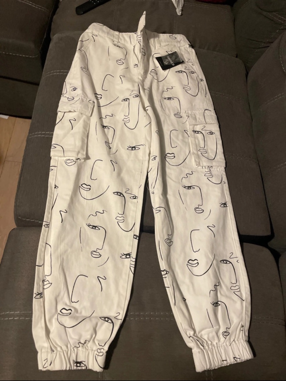 Forever 21 White Cargo Joggers with Abstract Face Line Print